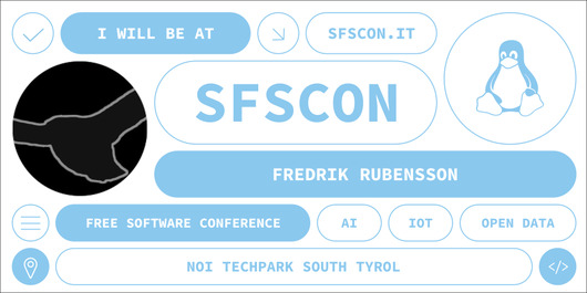 A kind of badge showing sfscon stuff, my name and the mazin logo - the bird